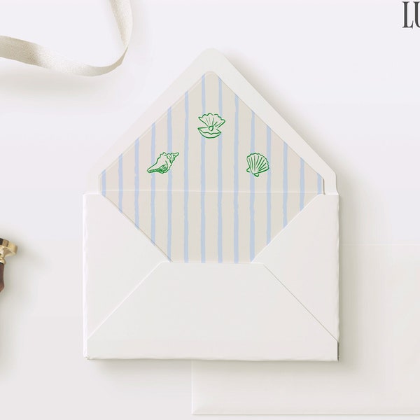 ENVELOPE LINER TEMPLATE, usa size A7 5x7, colorful editable hand drawn striped liner, whimsical seashell, triangle flap, square flap