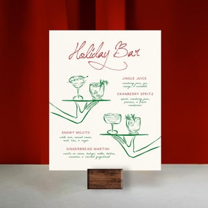 Szablon MENU BARU ŚWIĄTECZNEGO, ręcznie rysowane świąteczne koktajle, fantazyjna ilustracja, inspirowane francuskim, świąteczny znak na napoje, ręcznie pisane w stylu vintage