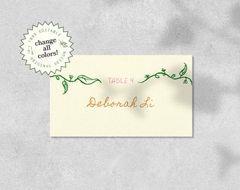 PLACE CARD TEMPLATE, editable handwritten wedding name card, whimsical garden party illustration, hand drawn vines, handwritten | GP1