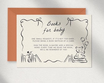 BOOKS FOR BABY template, hand drawn illustrations, whimsical baby shower insert, gender neutral, chic bow, baby's first library, handwritten