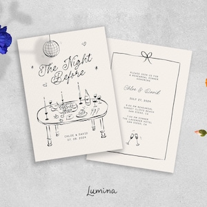 Probe-Abendessen-Einladung Vorlage, wunderliche Kritzel-Illustration, die Nacht vor der Hochzeit, handgezeichnete Tischlandschaft, handgeschrieben | CL3
