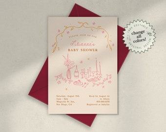 BABY SHOWER INVITATION Template, french inspired scribble illustration, pink orange neutrals, whimsical florals, hand drawn quirky baby girl