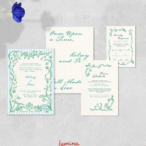 WEDDING INVITATION SET & rsvp, whimsical water garden illustrations, vintage handwritten hand drawn, greenery flower border, lily | WL1