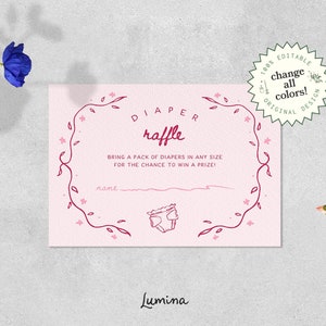 Modèle d'INSERTION DE RAFFLE DE COUCHES, jeux de baby shower, dessinés à la main, illustrations florales fantaisistes de vigne, manuscrite, rose, original et mignon