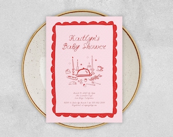 BABY SHOWER INVITATION Template, french inspired scribble illustration, pink & red brunch, whimsical handwritten, quirky cheese fruit board