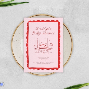 BABY SHOWER INVITATION Template, french inspired scribble illustration, pink & red brunch, whimsical handwritten, quirky cheese fruit board
