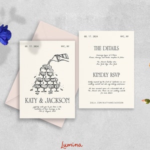 WEDDING INVITATION all in one template, hand drawn champagne tower, details and rsvp, elegant modern, digital invite, editable handwritten