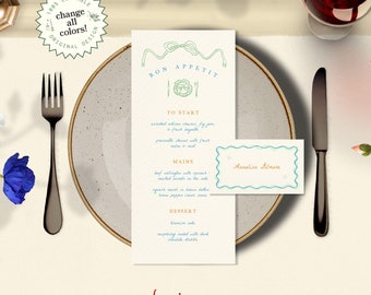 MENU & PLACE CARD template, colorful handwritten menu, quirky whimsical wedding, retro wavy name card, elegant hand drawn plate | B1