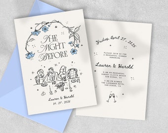 THE NIGHT BEFORE Template, whimsical wedding rehearsal dinner illustration, hand drawn  vines scribble french inspired, handwritten