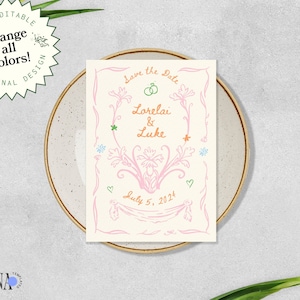 SAVE THE DATE Template, editable hand drawn colorful invitation, whimsical handwritten garden party, quirky victorian inspired, garden party