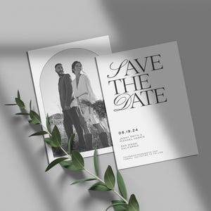 SAVE THE DATE template with photo arch, elegant wedding invitation, black & white cursive modern, chic digital invite, instant download