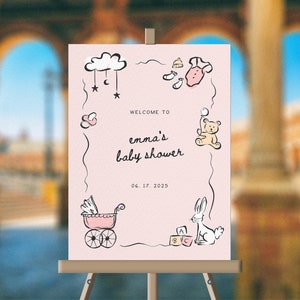 BABY SHOWER WELCOME sign template, whimsical hand drawn, event signage, cute quirky baby girl illustrations, colorful poster, editable