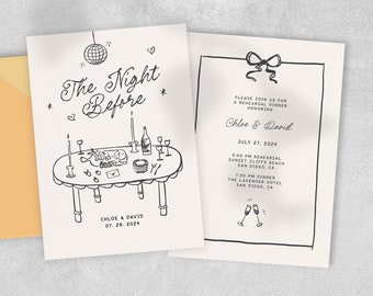 REHEARSAL DINNER INVITE Template, whimsical scribble illustration, the night before wedding, hand drawn ribbon bow border, handwritten | CL3