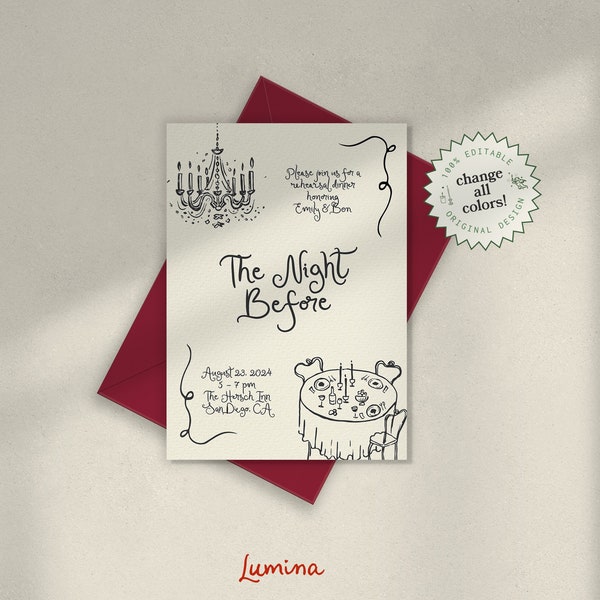 REHEARSAL DINNER INVITE Template, quirky scribble sketch, the night before wedding, hand drawn chandelier & dinner table, handwritten | HP1