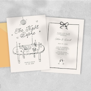 Probe-Abendessen-EINLADUNG Vorlage, wunderliche Kritzel-Illustration, am Vorabend der Hochzeit, handbemalt am Rand, handgeschrieben | CL3