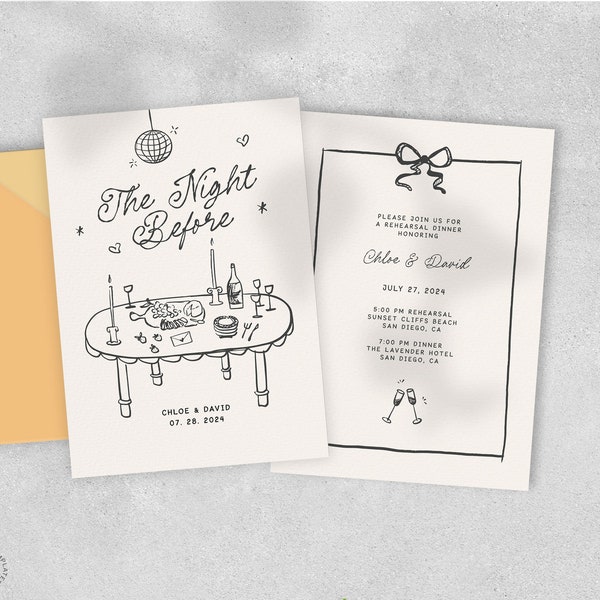 REHEARSAL DINNER INVITE Template, whimsical scribble illustration, the night before wedding, hand drawn ribbon bow border, handwritten | CL3