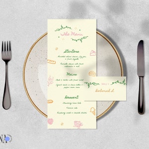 MENU & PLACE CARD Template, garden party rustic whimsical, vintage inspired dinner party, handwritten quirky hand drawn food 4x9 menu | GP1