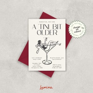 Plantilla de invitación para fiesta de cumpleaños de Tini Bit Older, chica dibujada a mano en un martini, estilo retro vintage, art déco, descarga instantánea editable