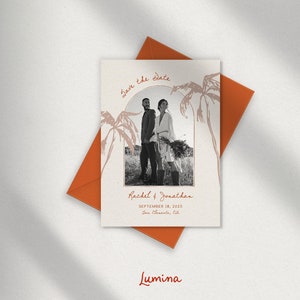 SAVE THE DATE template, hand drawn palm trees, arch photo card, whimsical coastal, neutrals, beach wedding, tropical, handwritten, 5x7