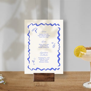 WEDDING BAR MENU Template, Blue Whimsical Cute Drinks Menu, Retro Funky Illustration, Hand Drawn Scallop Border, Handwritten Menu | LM2