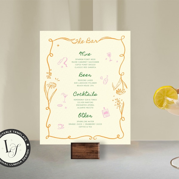 BAR & DRINKS MENU Template, colorful illustrated wedding cocktail menu, handwritten, quirky garden party hand drawn wine, french cafe | GP1