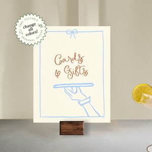 GIFT TABLE SIGN Template, whimsical wedding reception signage, french inspired, bridal, baby shower, quirky vintage, blue bow border | HP1