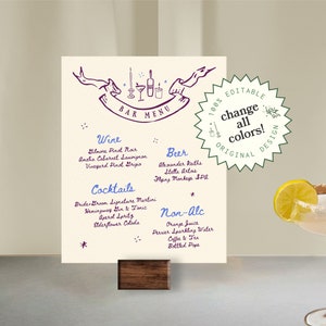 BAR & DRINKS MENU Template, handwritten wedding cocktail, whimsical hand drawn vintage banner ribbon, jane austen french inspired | VV1