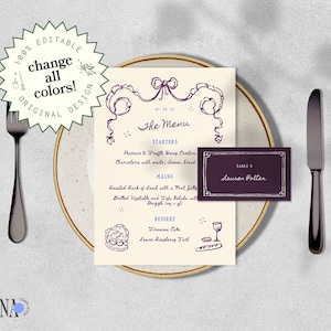 MENU & NAME CARD Template, hand drawn Parisian scribble illustration, whimsical victorian handwritten wedding menu, plum name card | VV1