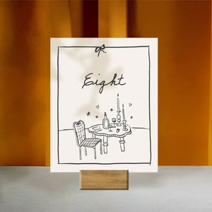 WEDDING TABLE NUMBER Template, whimsical hand drawn table sign, quirky scribble signage, instant download, handwritten, ribbon bow | CL3