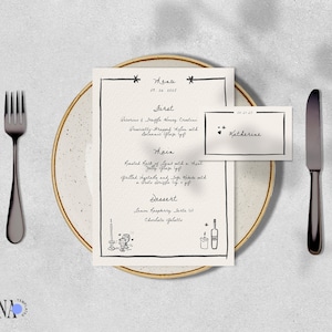 MENU & NAME CARD Template, hand drawn Parisian style scribble illustration, quirky whimsical handwritten, french cafe bespoke | CL3