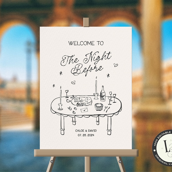 REHEARSAL DINNER SIGN Template, french inspired wedding rehearsal poster, hand drawn welcome sign illustration, the night before | CL3