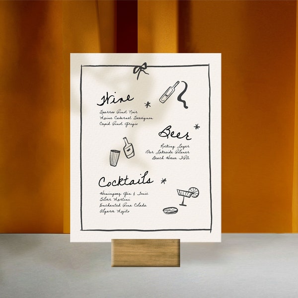 BAR & DRINKS MENU Template, funky playful illustration, wedding cocktail menu, handwritten, quirky hand drawn wine, french cafe | CL3