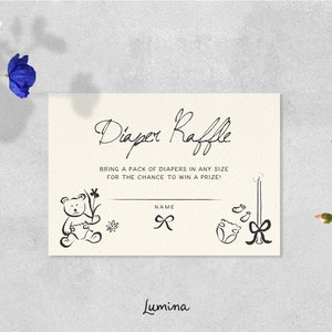 Modèle DIAPER RAFFLE INSERT, jeux de baby shower, dessinés à la main, illustration mignonne et fantaisiste de griffonnages, carte imprimable originale, manuscrite