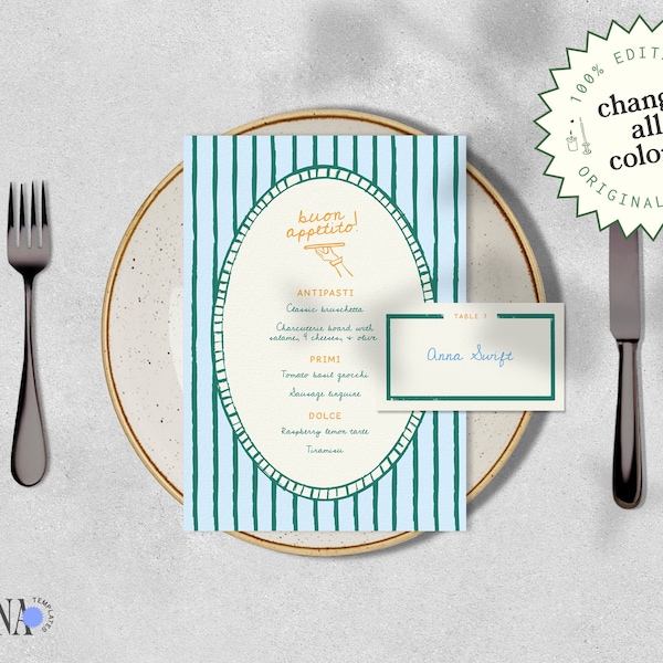 STRIPED HANDDRAWN MENU template, whimsical handwritten place card, French Italian inspired, funky retro blue green, quirky colorful drinks