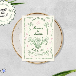 SAVE THE DATE Template, editable hand drawn garden party invitation, whimsical handwritten, quirky scribble illustration, greenery border