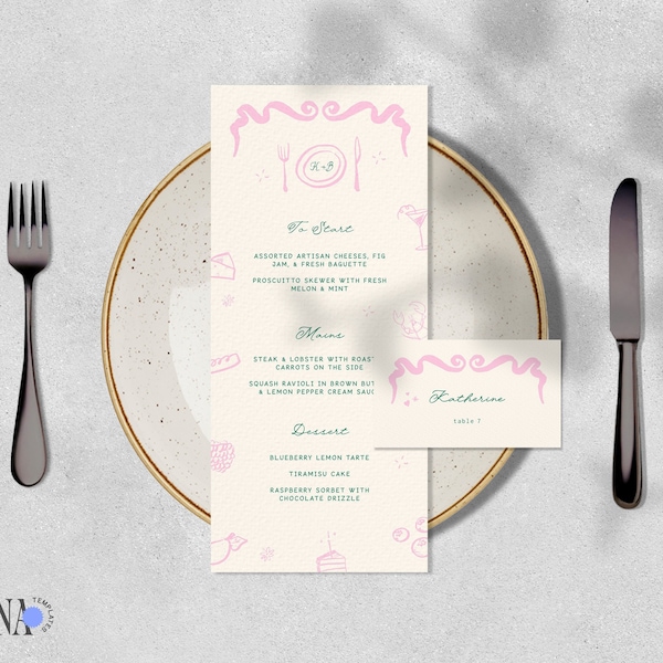 MENU & PLACE CARD Template, whimsical french inspired wedding, fairytale hand drawn illustration, victorian 4x9, colorful retro banner | LM0