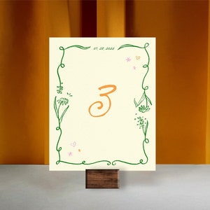 WEDDING TABLE NUMBER Template, whimsical hand drawn sign, funky greenery scribble signage, instant download, handwritten, garden party | GP1
