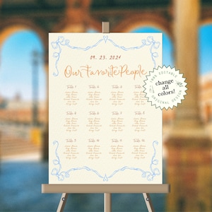WEDDING SEATING CHART template, whimsical victorian garden party theme, hand painted editable handwriting, colorful event signage | HP1