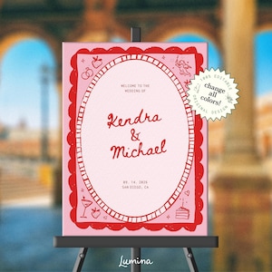 COLORFUL WELCOME SIGN template, whimsical pink & red wedding signage, hand painted frame, crest, hand drawn illustrations, french inspired