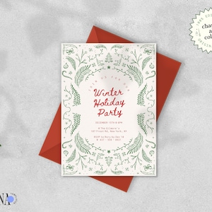 WHIMSICAL HOLIDAY PARTY Vorlage, handgezeichnete Kiefernadeln Bordüre, handgeschriebene Retro Vintage Einladung, bearbeitbares grün rotes funky Design
