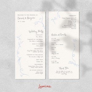 WEDDING CEREMONY PROGRAM template, whimsical vintage handwritten, 4x9 order of service timeline, hand painted vines, diy program card | W3