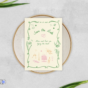 SAVE THE DATE Template, hand drawn garden party invitation, whimsical handwritten unique, quirky scribble illustration, floral border GP1 image 1