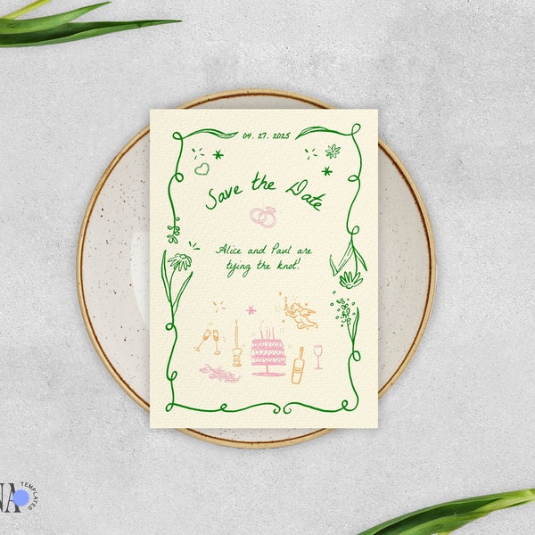 SAVE THE DATE Template, hand drawn garden party invitation, whimsical handwritten unique, quirky scribble illustration, floral border | GP1