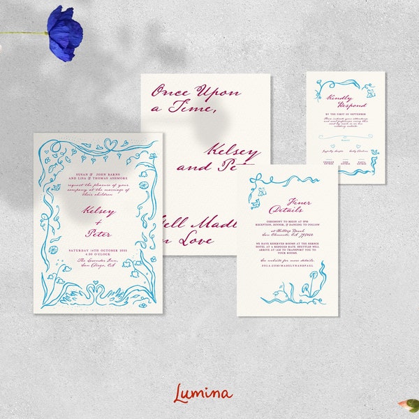 WEDDING INVITATION SET & rsvp, blue whimsical garden illustrations, handwritten invite suite, hand drawn, vines and flower border, blue | L1