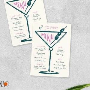 Modelo de MENU DE BEBIDAS ESCRITAS À MÃO, lista de coquetéis coloridos pintados à mão, martini de azeitona, rosa caprichoso e verde, menu peculiar e descolado