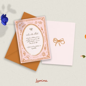 SAVE THE DATE invitation template, vintage handwritten invite, whimsical scribble illustration, oval border, hand drawn bow, engagement