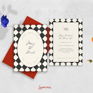SAVE THE DATE Template, elegant hand drawn checkered border, art deco, handwritten vintage script, black and white, digital wedding invite