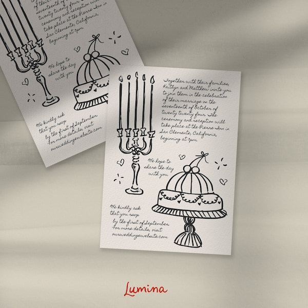 HANDWRITTEN WEDDING INVITATION Template, whimsical hand drawn scribbles, vintage french inspired, quirky cake illustration, candelabra