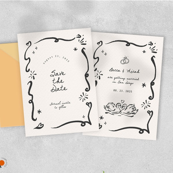 SAVE THE DATE digital invitation template, hand drawn wedding, whimsical french inspired, cute scribble illustration, heart border | LM6