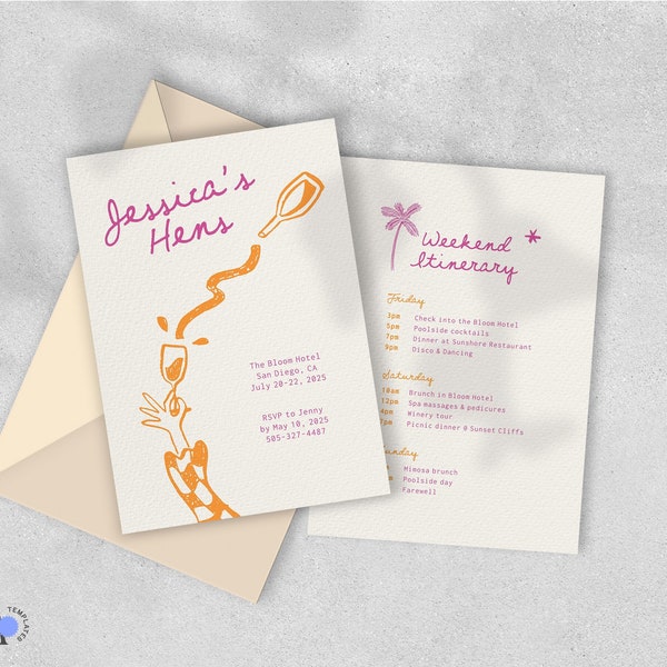 HENS PARTY INVITATION Template, whimsical wine illustration, handwritten hens wedding, digital bachelorette weekend itinerary | LM0